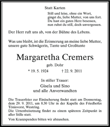 Traueranzeige von Cremers Margaretha von Rheinische Post