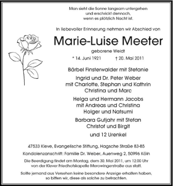 Traueranzeige von Marie-Luise Meeter von Rheinische Post