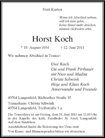 Traueranzeige von Horst Koch von Rheinische Post