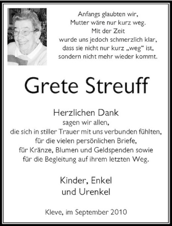 Traueranzeige von Grete Streuff von Rheinische Post