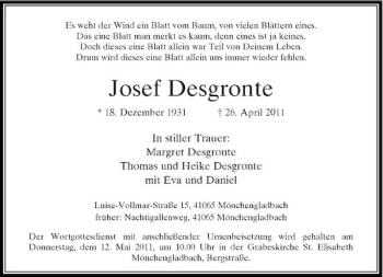 Traueranzeige von Josef Desgronte von Rheinische Post