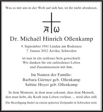 Traueranzeige von Dr. Michaël Hinrich Oßenkamp von Rheinische Post