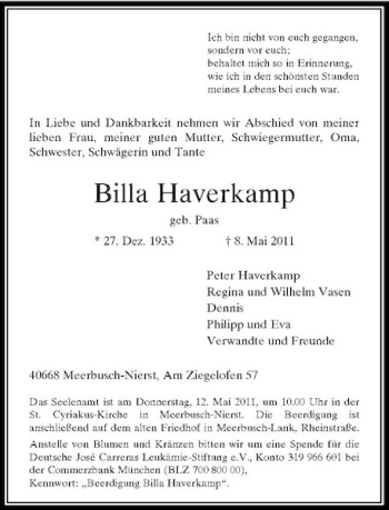 Traueranzeige von Billa Haverkamp von Rheinische Post