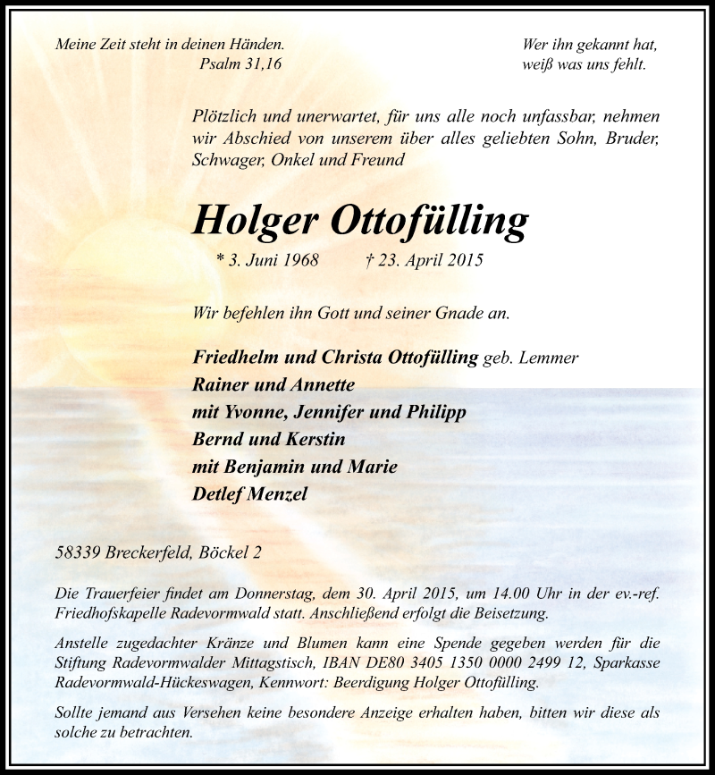  Traueranzeige für Holger Ottofülling vom 28.04.2015 aus Rheinische Post