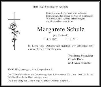 Traueranzeige von Margarete Schulz von Rheinische Post