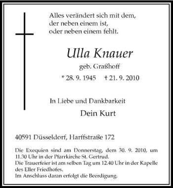 Traueranzeige von Ulla Knauer von Rheinische Post