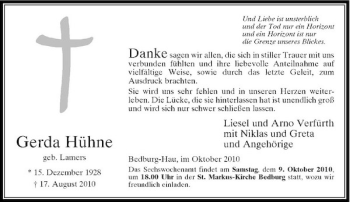 Traueranzeige von Gerda Hühne von Rheinische Post