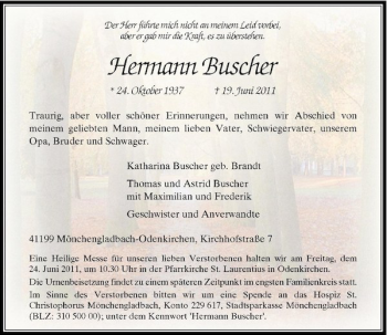 Traueranzeige von Hermann Buscher von Rheinische Post