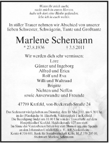 Traueranzeige von Marlene Schemann von Rheinische Post