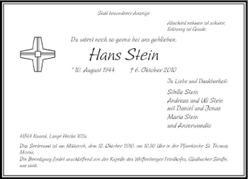 Traueranzeige von Hans Stein von Rheinische Post