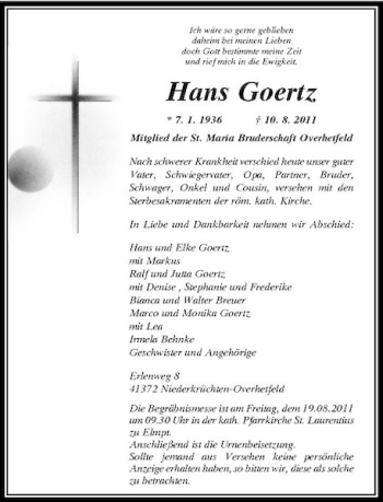 Traueranzeige von Hans Goertz von Rheinische Post