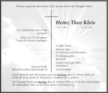 Traueranzeige von Heinz Theo Kleis von Rheinische Post