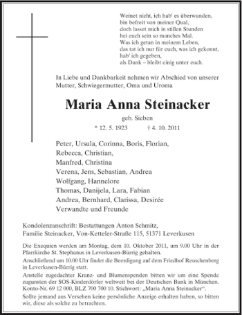 Traueranzeige von Anna Steinacker Maria von Rheinische Post