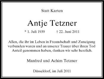 Traueranzeige von Antje Tetzner von Rheinische Post