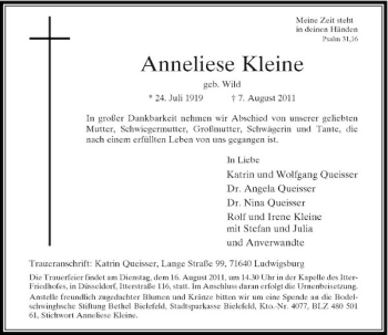 Traueranzeige von Anneliese Kleine von Rheinische Post