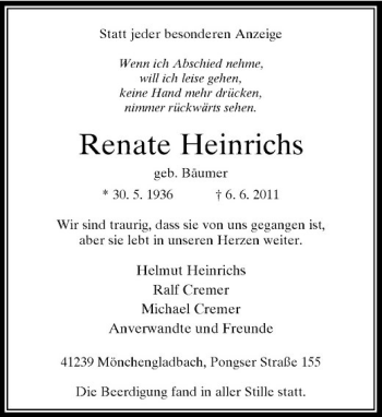Traueranzeige von Renate Heinrichs von Rheinische Post