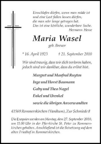 Traueranzeige von Maria Wasel von Rheinische Post