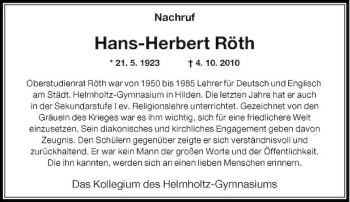 Traueranzeige von Hans-Herbert Röth von Rheinische Post