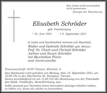 Traueranzeige von Elisabeth Schröder von Rheinische Post