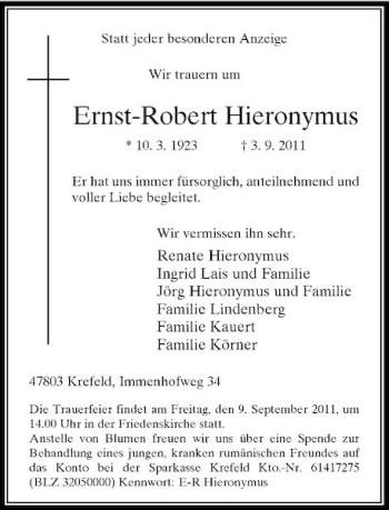 Traueranzeige von Ernst-Robert Hieronymus von Rheinische Post