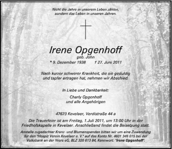 Traueranzeige von Irene Opgenhoff von Rheinische Post