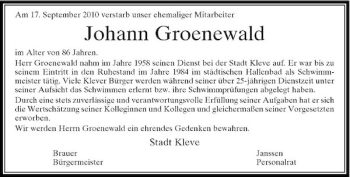 Traueranzeige von Johann Groenewald von Rheinische Post