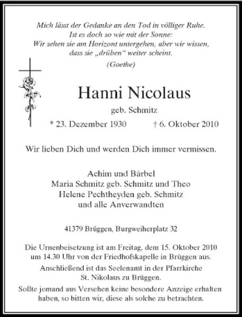 Traueranzeige von Hanni Nicolaus von Rheinische Post