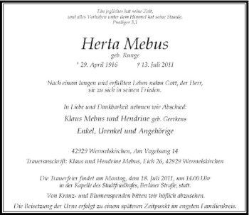 Traueranzeige von Herta Mebus von Rheinische Post