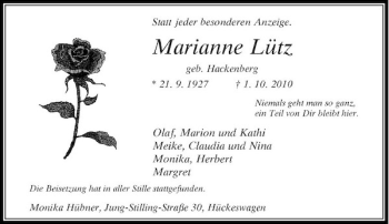 Traueranzeige von Marianne Lütz von Rheinische Post