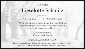 Traueranzeige von Lieselotte Schmitz von Rheinische Post