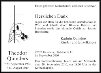 Traueranzeige von Theodor Quinders von Rheinische Post