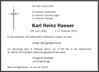 Traueranzeige von Karl Heinz Haeser von Rheinische Post