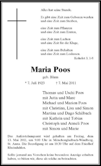 Traueranzeige von Maria Poos von Rheinische Post