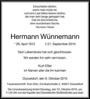 Traueranzeige von Hermann Wünnemann von Rheinische Post