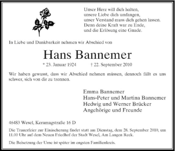 Traueranzeige von Hans Bannemer von Rheinische Post