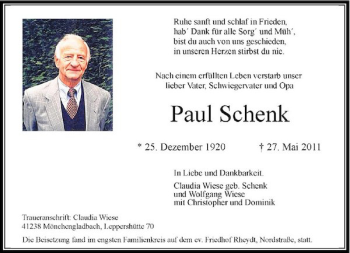 Traueranzeige von Paul Schenk von Rheinische Post