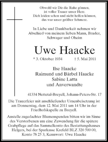 Traueranzeige von Uwe Haacke von Rheinische Post