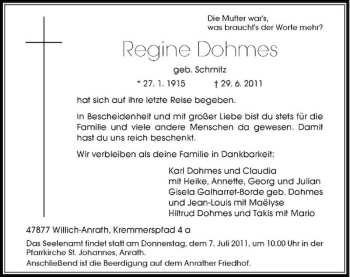 Traueranzeige von Regine Dohmes von Rheinische Post