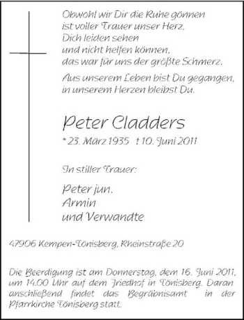 Traueranzeige von Peter Cladders von Rheinische Post