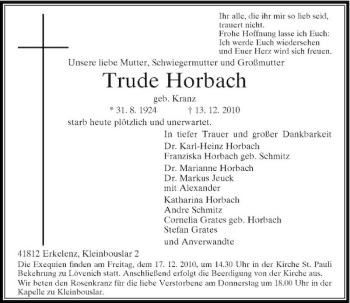 Traueranzeige von Trude Horbach von Rheinische Post