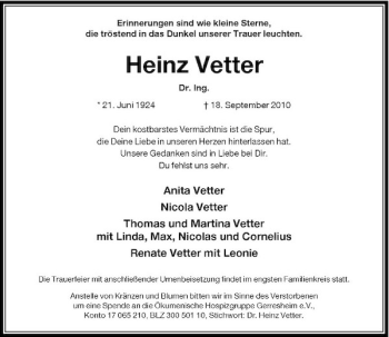 Traueranzeige von Heinz Vetter von Rheinische Post