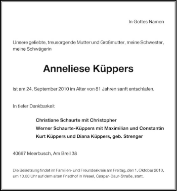 Traueranzeige von Anneliese Küppers von Rheinische Post