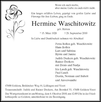 Traueranzeige von Hermine Waschitowitz von Rheinische Post