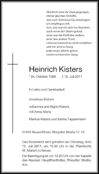 Traueranzeige von Heinrich Kisters von Rheinische Post