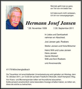 Traueranzeige von Hermann Josef Jansen von Rheinische Post