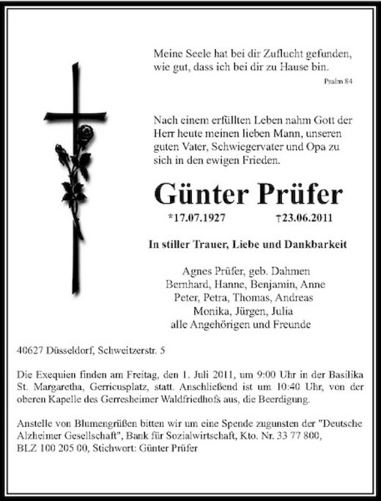  Traueranzeige für Günter Prüfer vom 29.06.2011 aus Rheinische Post