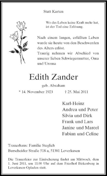 Traueranzeige von Edith Zander von Rheinische Post