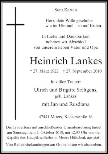 Traueranzeige von Heinrich Lankes von Rheinische Post