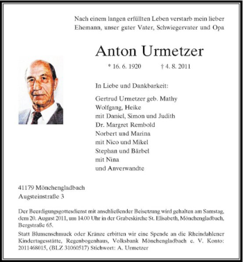 Traueranzeige von Anton Urmetzer von Rheinische Post