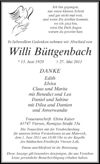 Traueranzeige von Willi Büttgenbach von Rheinische Post
